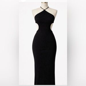 Zara Black Ribbed Halter Cut Out Maxi Dress Bodycon Y2K Size M